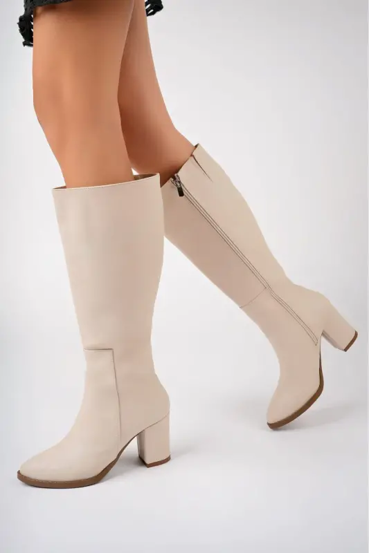 Uzun Kadın Fermuarlı Cİlt Çizme - Kadın Nut Long Fermuarlı Deri Çizme, Bej Topuklu Günlük Çizme-NUT - 1