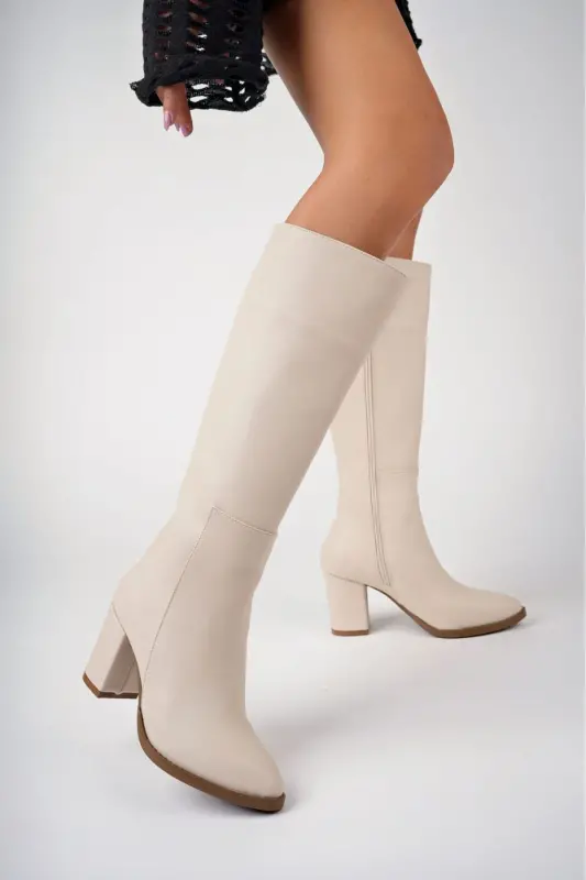 Uzun Kadın Fermuarlı Cİlt Çizme - Kadın Nut Long Fermuarlı Deri Çizme, Bej Topuklu Günlük Çizme-NUT - 2