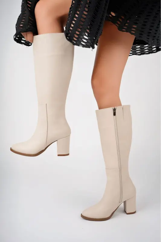 Uzun Kadın Fermuarlı Cİlt Çizme - Kadın Nut Long Fermuarlı Deri Çizme, Bej Topuklu Günlük Çizme-NUT - 3