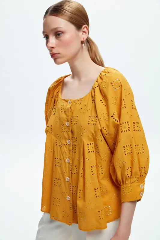 Uzun Kol Düğmeli Vual Lace Gömlek-Sarı - ADL
