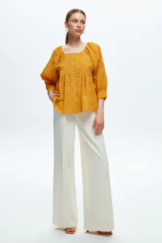 Uzun Kol Düğmeli Vual Lace Gömlek-Sarı - 3