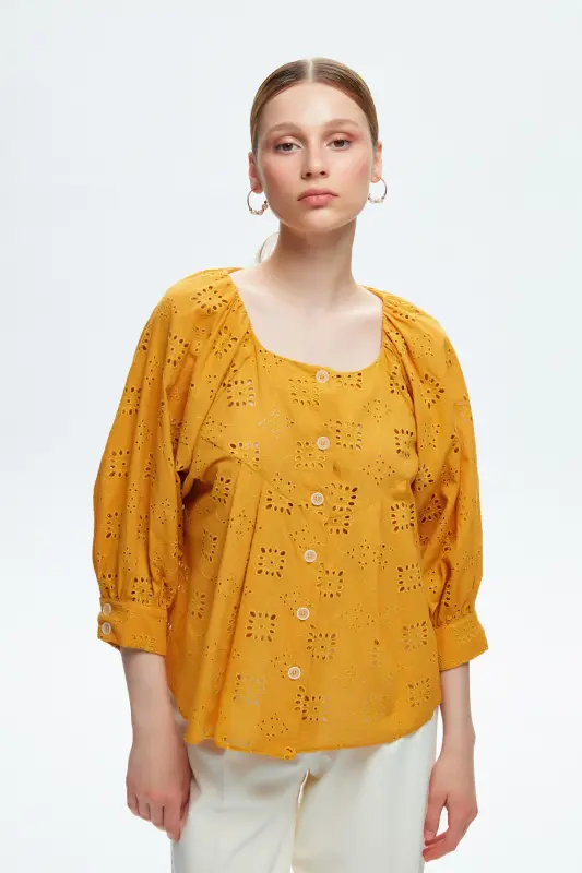 Uzun Kol Düğmeli Vual Lace Gömlek-Sarı - 4