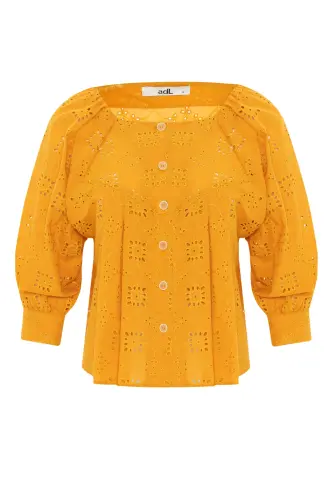 Uzun Kol Düğmeli Vual Lace Gömlek-Sarı - 6