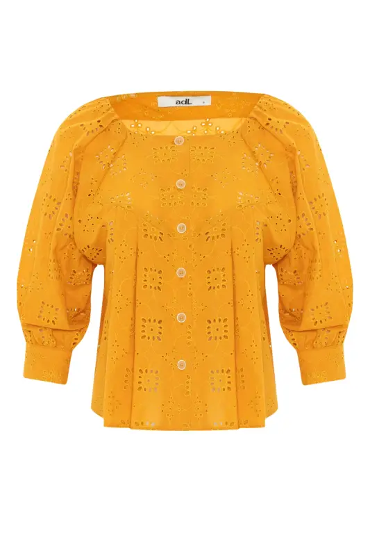 Uzun Kol Düğmeli Vual Lace Gömlek-Sarı - 6