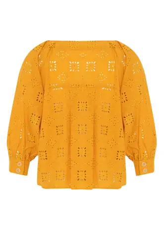 Uzun Kol Düğmeli Vual Lace Gömlek-Sarı - 8