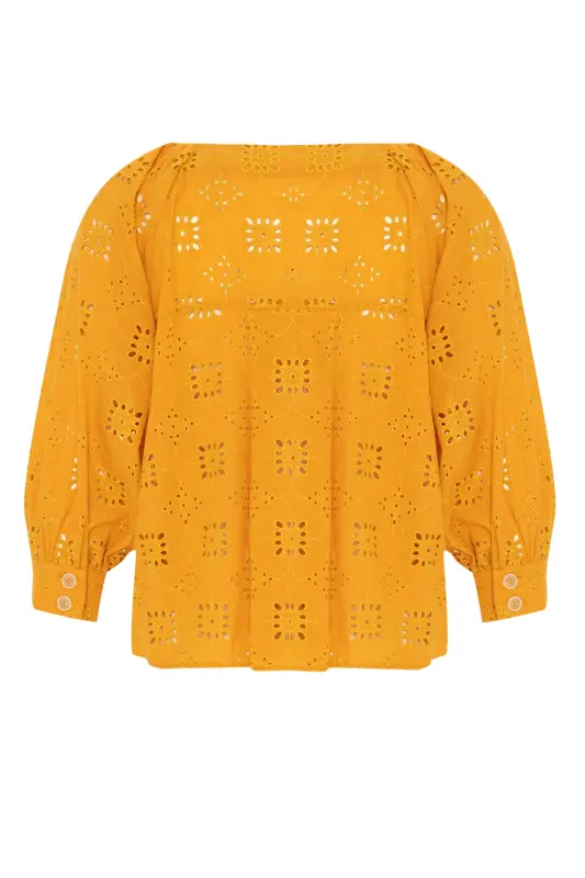 Uzun Kol Düğmeli Vual Lace Gömlek-Sarı - 8