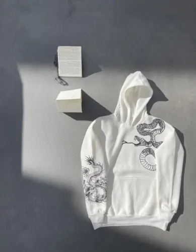 Uzun Kol Kapşonlu Baskılı SweatShirt - Beyaz - BÜYÜKBEDENIZ (1)