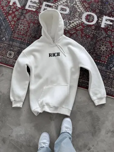 Uzun Kol Kapşonlu Göğüs Baskılı SweatShirt - Beyaz - BÜYÜKBEDENIZ (1)