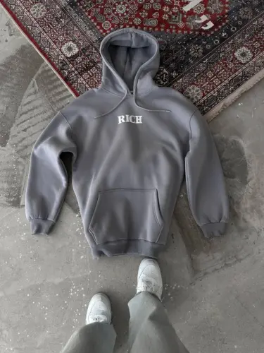 Uzun Kol Kapşonlu Göğüs Baskılı SweatShirt - Gri - BÜYÜKBEDENIZ (1)