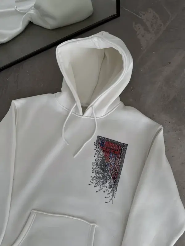 Uzun Kol Kapşonlu Ön Ve Arka Baskılı SweatShirt - Beyaz - BÜYÜKBEDENIZ