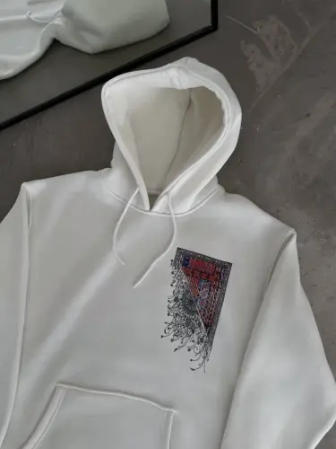 Uzun Kol Kapşonlu Ön Ve Arka Baskılı SweatShirt - Beyaz - 1
