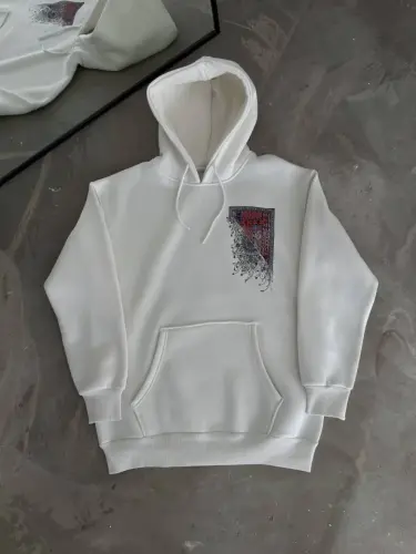 Uzun Kol Kapşonlu Ön Ve Arka Baskılı SweatShirt - Beyaz - 3