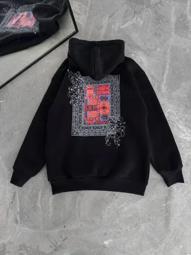 Uzun Kol Kapşonlu Ön Ve Arka Baskılı SweatShirt - Siyah - 3
