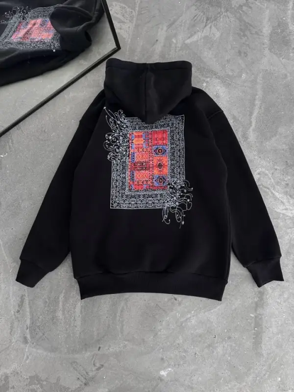 Uzun Kol Kapşonlu Ön Ve Arka Baskılı SweatShirt - Siyah - 3
