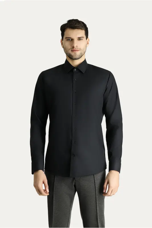 Uzun Kol Slim Fit Non Iron Ütü Gerektirmeyen Pamuklu Klasik Gömlek - Siyah - 4