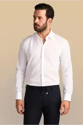 Uzun Kol Slim Fit Dar Kesim Non Iron Ütü Gerektirmeyen Pamuklu Gömlek-Beyaz - 1