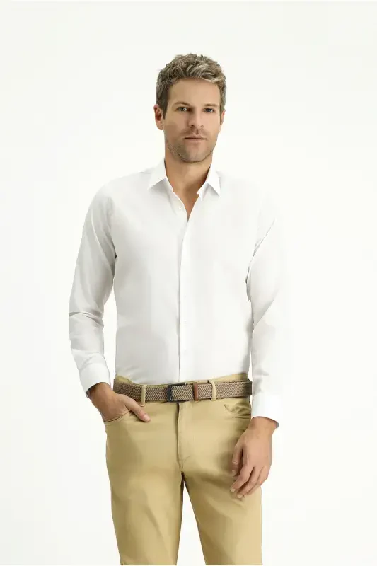 Uzun Kol Slim Fit Dar Kesim Non Iron Ütü Gerektirmeyen Pamuklu Gömlek-Beyaz - 2