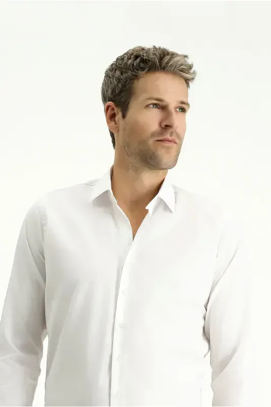 Uzun Kol Slim Fit Dar Kesim Non Iron Ütü Gerektirmeyen Pamuklu Gömlek-Beyaz - 4