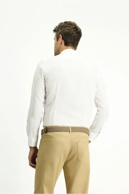 Uzun Kol Slim Fit Dar Kesim Non Iron Ütü Gerektirmeyen Pamuklu Gömlek-Beyaz - 5