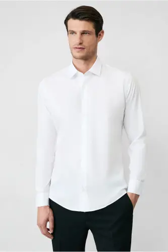 Uzun Kol Slim Fit Non Iron Ütü Gerektirmeyen Pamuklu Klasik Gömlek - Beyaz - 5