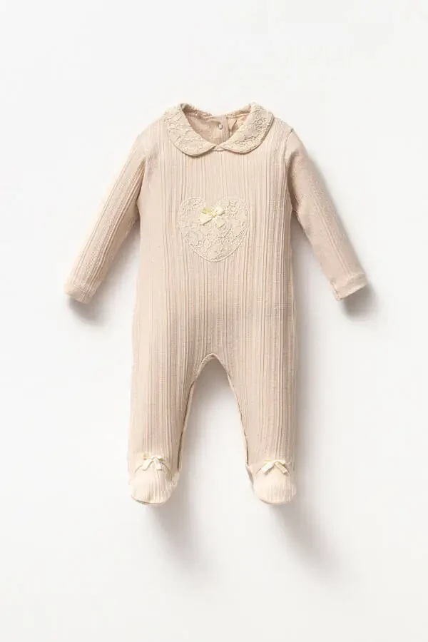 Uzun Kollu %100 Pamuk Bebe Yaka Hediyelik Kız Bebek Patikli Tulum 3-9 Ay-BEJ - 1