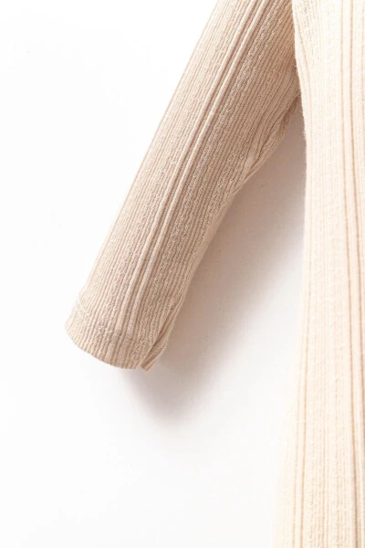 Uzun Kollu %100 Pamuk Bebe Yaka Hediyelik Kız Bebek Patikli Tulum 3-9 Ay-BEJ - 4