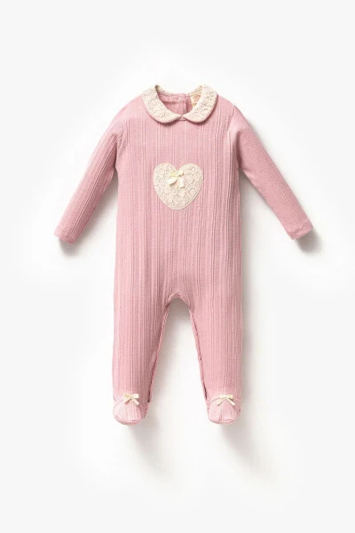 Uzun Kollu %100 Pamuk Bebe Yaka Hediyelik Kız Bebek Patikli Tulum 3-9 Ay-PEMBE - 1