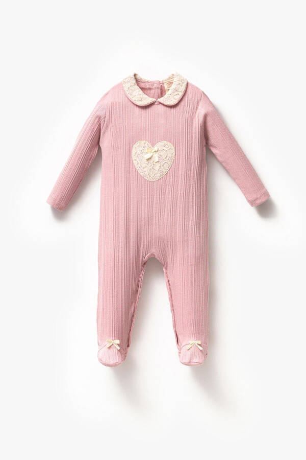 Uzun Kollu %100 Pamuk Bebe Yaka Hediyelik Kız Bebek Patikli Tulum 3-9 Ay-PEMBE - 1