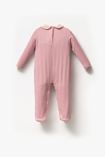 Uzun Kollu %100 Pamuk Bebe Yaka Hediyelik Kız Bebek Patikli Tulum 3-9 Ay-PEMBE - 2