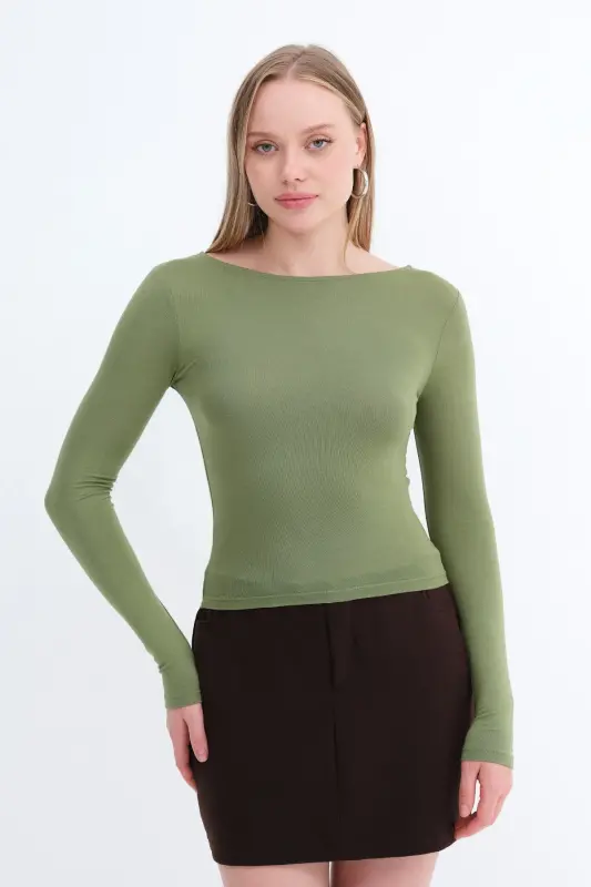 Uzun Kollu Basic Bluz B1605-S4-Matcha - 2