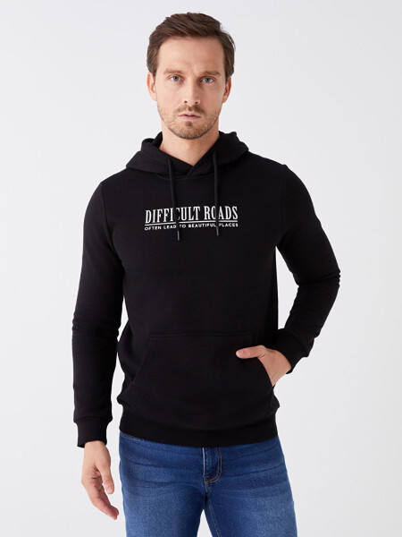 Uzun Kollu Baskılı Erkek Hoodie - 1