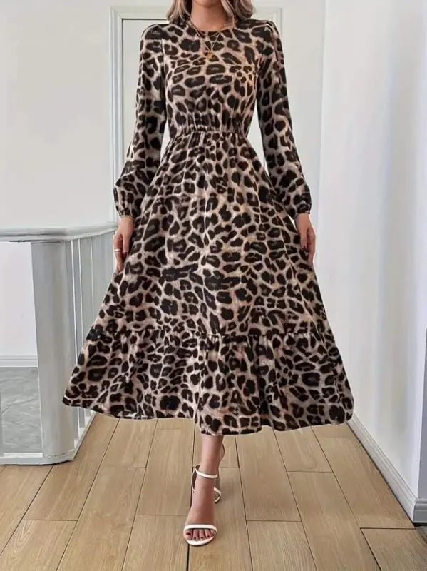 Uzun Kollu Bisiklet Yaka Leopar Desenli Midi Süprem Elbise - 3