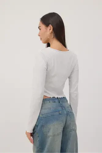 Uzun Kollu Düğmeli Crop Hırka H1666-T10-Kar Melanj - 5