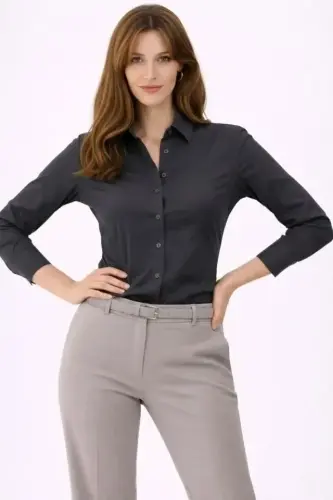 Uzun Kollu Gömlek Düğmeli Klasik Yaka Günlük Ve Ofis Şıklığına Uygun - Füme - 1