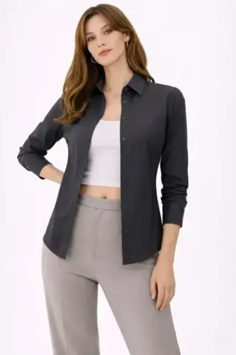 Uzun Kollu Gömlek Düğmeli Klasik Yaka Günlük Ve Ofis Şıklığına Uygun - Füme - BÜYÜKBEDENIZ (1)