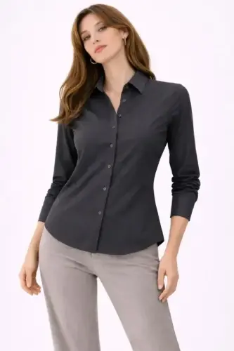 Uzun Kollu Gömlek Düğmeli Klasik Yaka Günlük Ve Ofis Şıklığına Uygun - Füme - 3