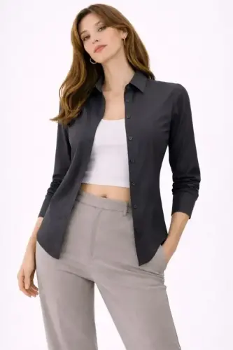 Uzun Kollu Gömlek Düğmeli Klasik Yaka Günlük Ve Ofis Şıklığına Uygun - Füme - 4