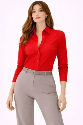 Uzun Kollu Gömlek Düğmeli Klasik Yaka Günlük Ve Ofis Şıklığına Uygun - Kırmızı - 1