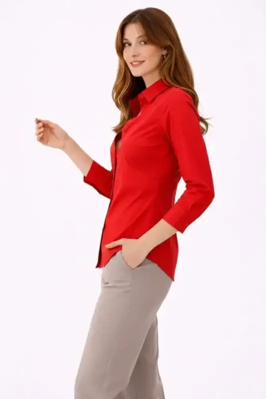Uzun Kollu Gömlek Düğmeli Klasik Yaka Günlük Ve Ofis Şıklığına Uygun - Kırmızı - 2