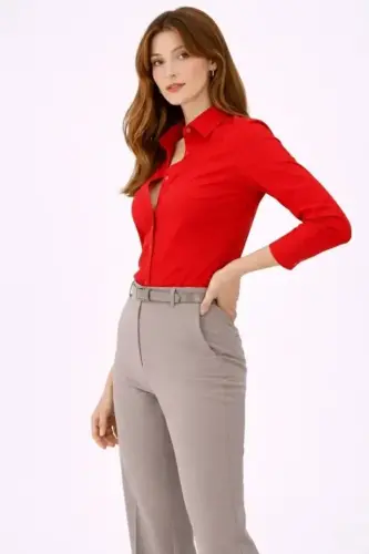 Uzun Kollu Gömlek Düğmeli Klasik Yaka Günlük Ve Ofis Şıklığına Uygun - Kırmızı - 3