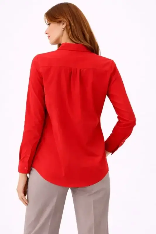 Uzun Kollu Gömlek Düğmeli Klasik Yaka Günlük Ve Ofis Şıklığına Uygun - Kırmızı - 4
