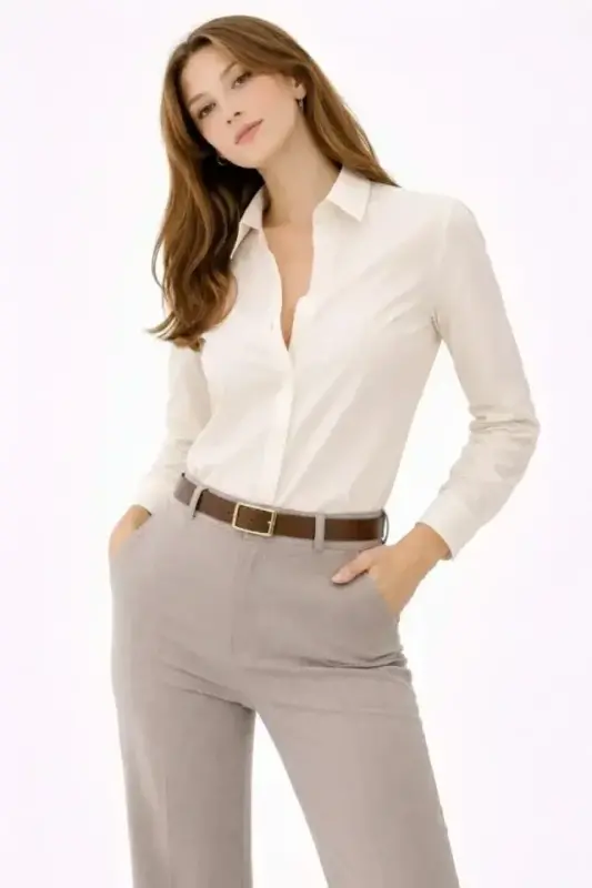 Uzun Kollu Gömlek Düğmeli Klasik Yaka Günlük Ve Ofis Şıklığına Uygun - Krem - BÜYÜKBEDENIZ