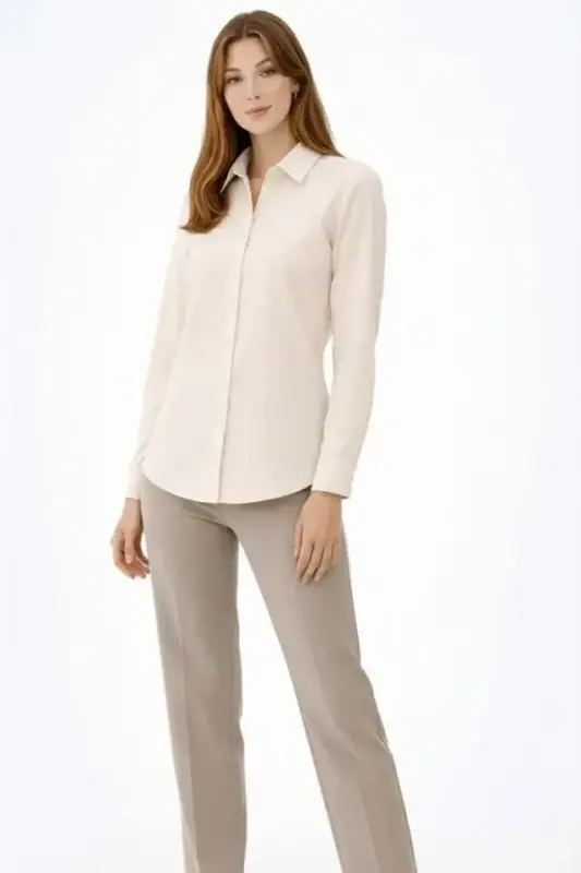 Uzun Kollu Gömlek Düğmeli Klasik Yaka Günlük Ve Ofis Şıklığına Uygun - Krem - 2