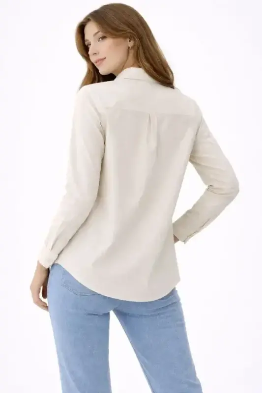 Uzun Kollu Gömlek Düğmeli Klasik Yaka Günlük Ve Ofis Şıklığına Uygun - Krem - 4