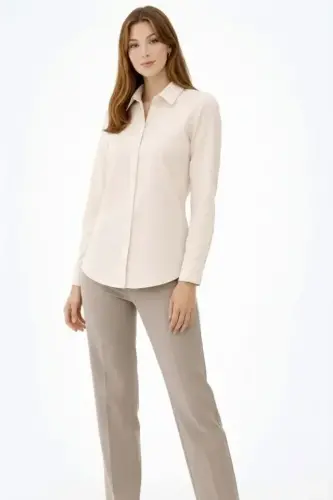Uzun Kollu Gömlek Düğmeli Klasik Yaka Günlük Ve Ofis Şıklığına Uygun - Krem - BÜYÜKBEDENIZ (1)