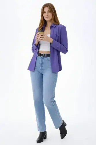 Uzun Kollu Gömlek Düğmeli Klasik Yaka Günlük Ve Ofis Şıklığına Uygun - Mor - BÜYÜKBEDENIZ (1)