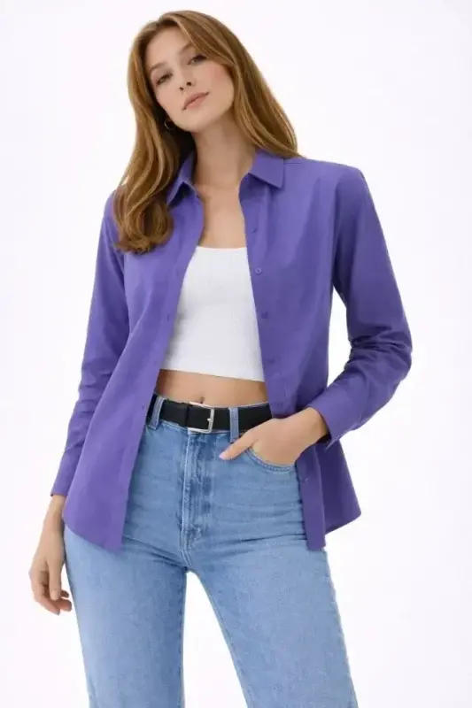 Uzun Kollu Gömlek Düğmeli Klasik Yaka Günlük Ve Ofis Şıklığına Uygun - Mor - 1