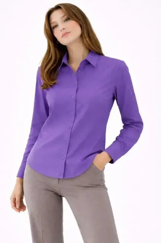 Uzun Kollu Gömlek Düğmeli Klasik Yaka Günlük Ve Ofis Şıklığına Uygun - Mor - 3