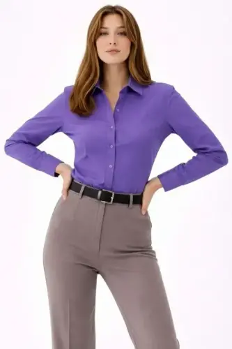 Uzun Kollu Gömlek Düğmeli Klasik Yaka Günlük Ve Ofis Şıklığına Uygun - Mor - 4