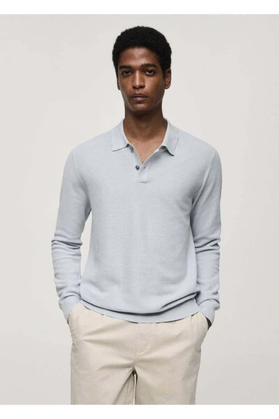 Uzun Kollu Kalıplı Triko Polo Gömlek-Gök Mavisi - MANGO MAN